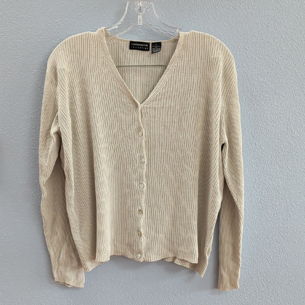 Liz Claiborne Collection Silk Cream V-Neck Button-Up Y2K Sweater